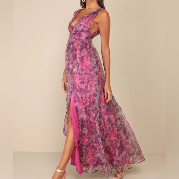 NWT Garden Romance Magenta Floral Print Organza Maxi Dress - Picture 3 of 8